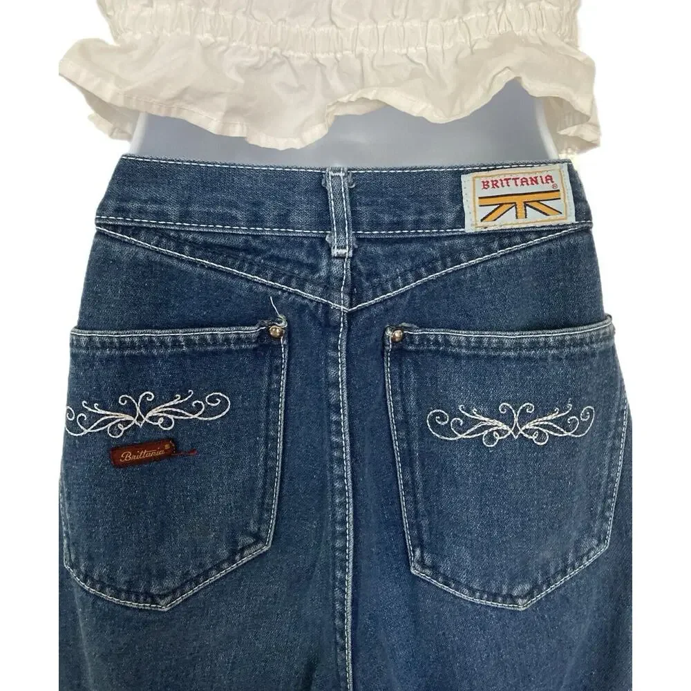 Vintage 70s Boho Hippie Brittania High Rise Blue Denim Flare Jeans Size 27 - Picture 1 of 7